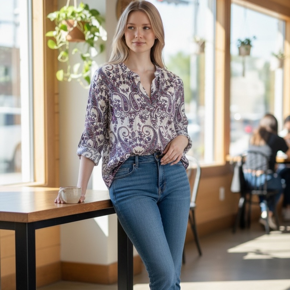 Paisley V-Neck Long Sleeve Women's Top - White with Purple & Blue